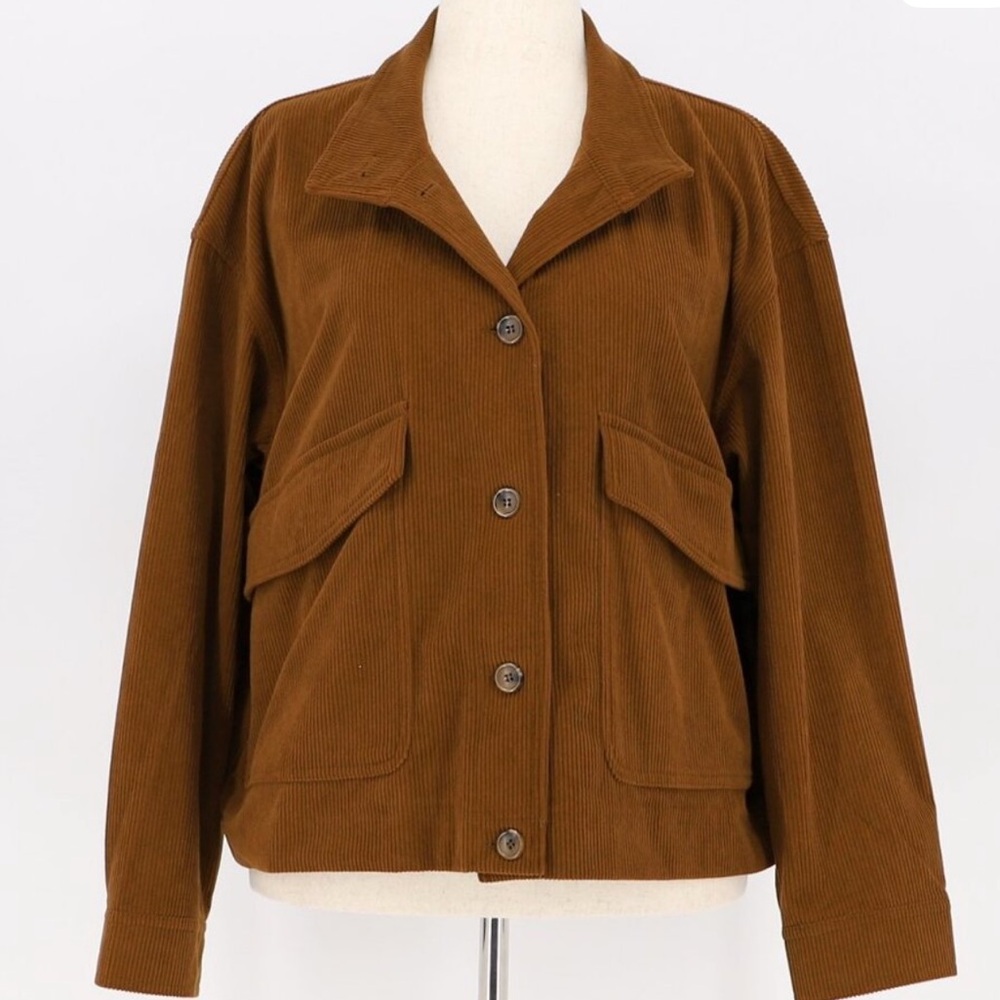 AVEC LES FILLES Button Up Corduroy Brown Coat Shacket Flap Pockets Size XL